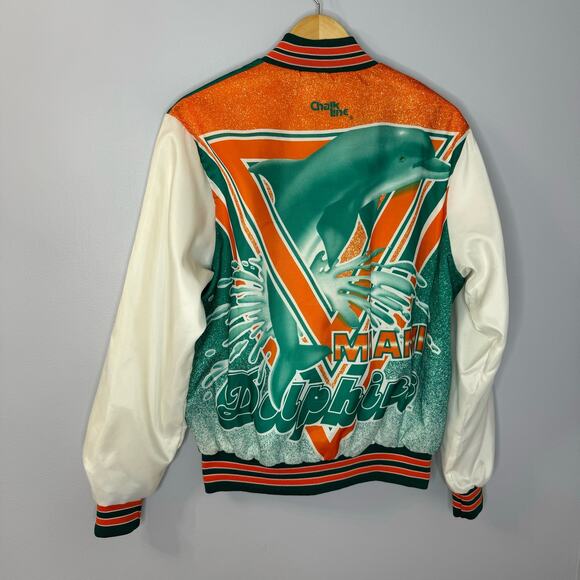 Vintage 80s Miami Dolphins Satin Jacket All Print NFL Football Chalk Line Mens M - Picture 1 of 10